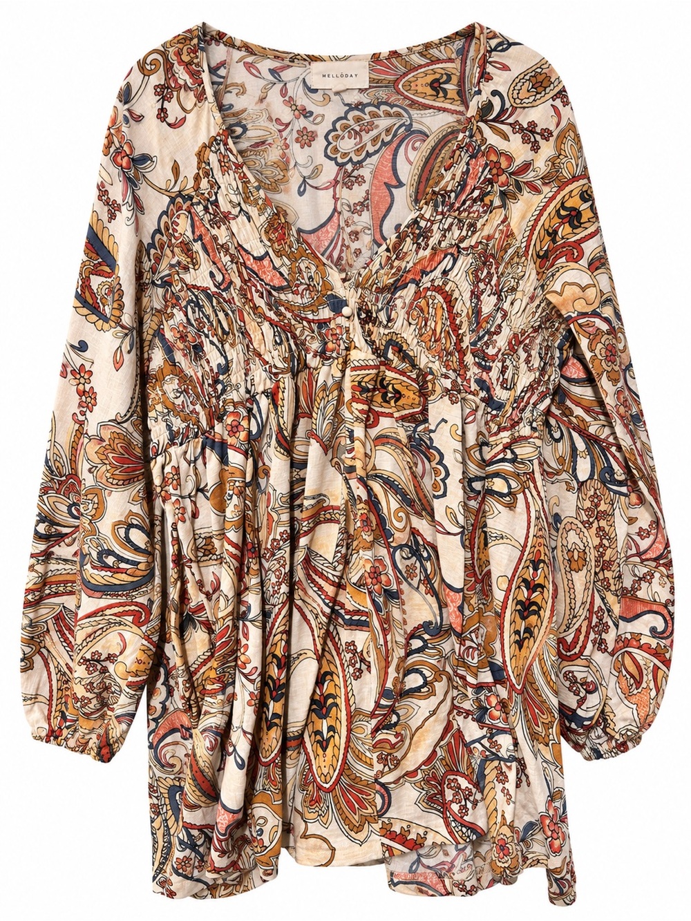 MelloDay XL Boho Paisley Floral Smocked Blouse